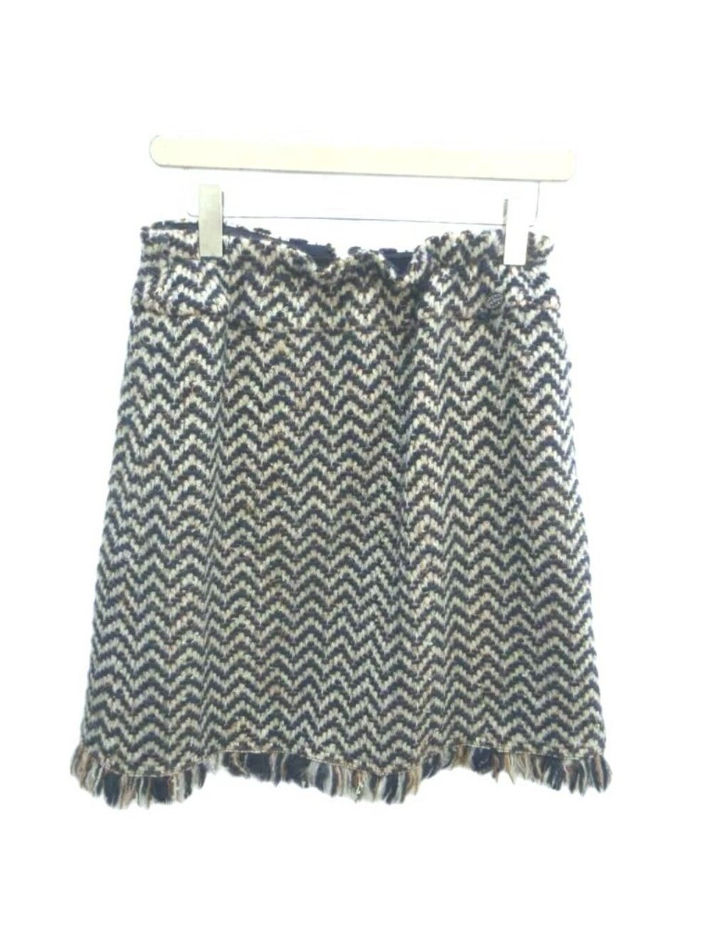Chanel CC Logo Pencil Skirt Herringbone Navy White Fringe Glitter Tweed 42